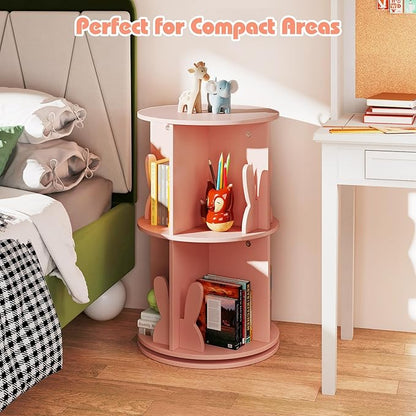 Costzon Kids Rotating Bookshelf, 2 Tier Small Book Shelf with Bookends, 360° Display Spinning Bookshelf Tower, Corner Bookshelf for Small Space, Kids Room, Bedroom, Nursery (Pink)