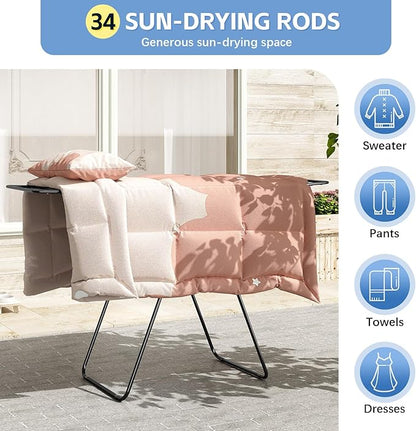 KINGBOARD Clothes Drying Rack Foldable, Drying Rack Clothing with Height-Adjustable, Metal Laundry Rack, Indoor Outdoor Use, No Assembly, 20.47"x 70"x 42.52", Black