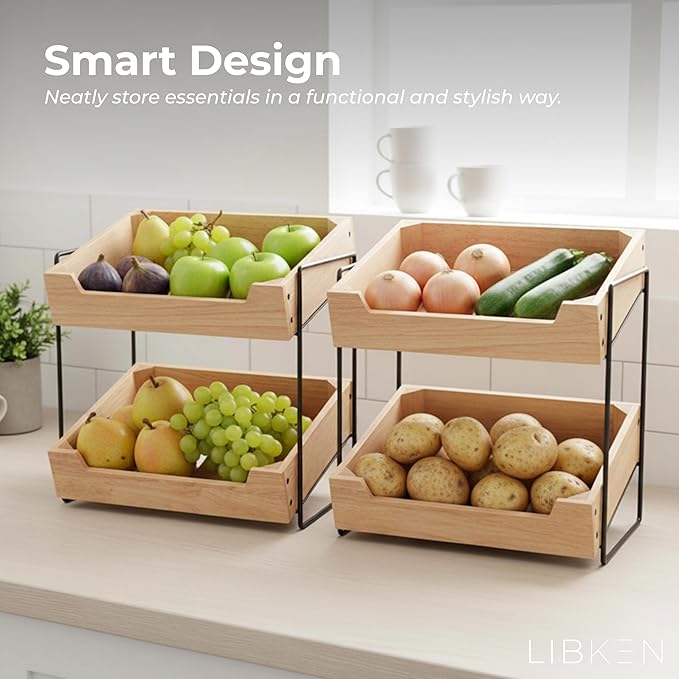 2-Tier Fruit Basket Countertop Organizer – Rubberwood & Metal Fruit Stand – Minimal Scandinavian Design Storage for Fruits, Vegetables, Bread & Snacks – Airflow Design, Easy Assembly
