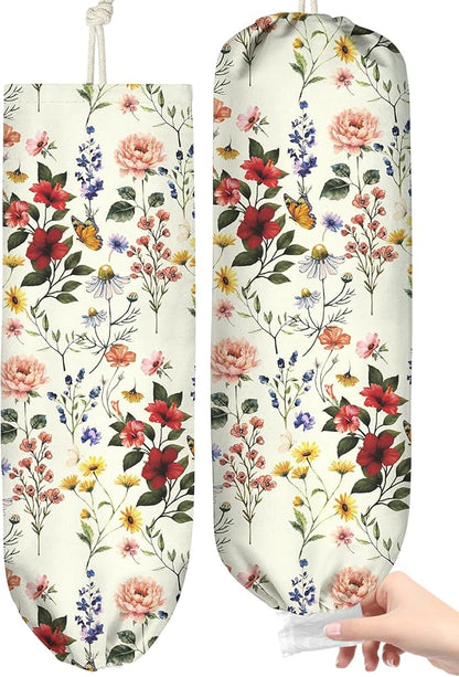 Plastic Bag Holder, Grocery Bag Organizer - 1 Pack Cute Kitchen Dispenser Holders Reusable Shopping Western Hanging Wall with Adjustment Drawstring Closure for Women Home, Floral