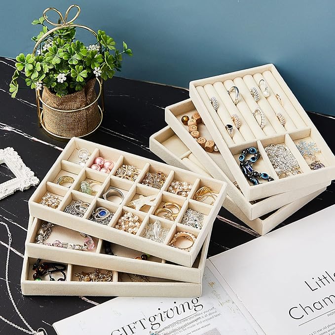 Junkin 18 Pcs Velvet Jewelry Tray Stackable Jewelry Drawer Organizer Jewellery Box Divided Display Tray for Earring Bangle(Beige)