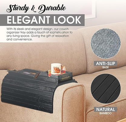 Couch Cup Holder Tray with 2 Cork Coasters, Couch Caddy, Anti-Slip Foldable Armrest Sofa Tray, Couch Armrest Table, Anti-Spill Holder for Remote, Snacks, Cellphone - Ideal Gift (Black)