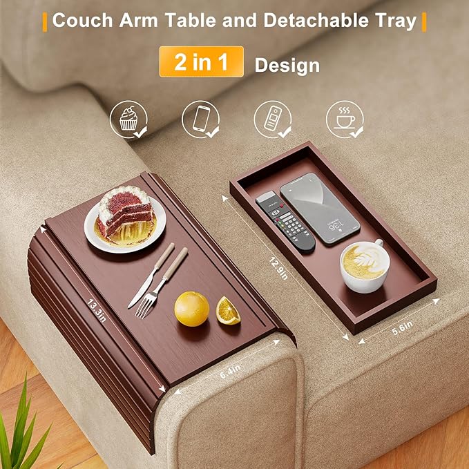 Bamboo Sofa Armrest Tray Table for Couch - 2-in-1 Foldable Couch Arm Table with Be Slide Detachable Tray- Anti-Slip Sofa Armchair Caddy for Drinks Cellphone TV Remote Snacks(Walnut)