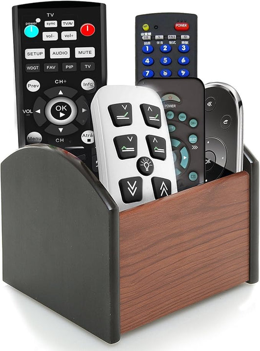 Coideal Remote Control Holder Caddy Wood, Rotating Wooden Pen Pencil Holder Organizer Medium Revolving Desktop Office Supplies Storage for Table (4 Compartments)