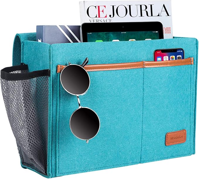 WantuSee Bedside Caddy, Bed Storage Organizer for Remote Controller, Books, Magzine, Laptop Holder, 12.4'' x 8.6'' inch Bedside Hanging Felt Storage Bag for Dorm Bed with 5 Pockets, Celadon
