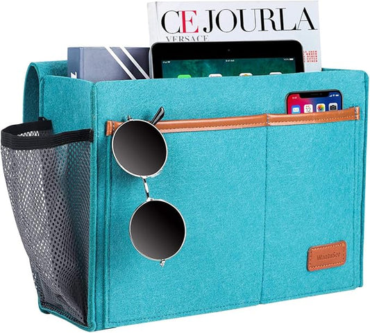 WantuSee Bedside Caddy, Bed Storage Organizer for Remote Controller, Books, Magzine, Laptop Holder, 12.4'' x 8.6'' inch Bedside Hanging Felt Storage Bag for Dorm Bed with 5 Pockets, Celadon