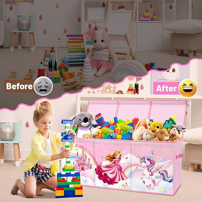 Toy Storage Bin with Lids,Extra Large Toy Box Chest with Handles for Kids Boys Girls,Collapsible Storage Organizer Box Bin Basket for Bedroom,Playroom, Nursery,37.8"x12.6" x15.7",Princess Unicorn