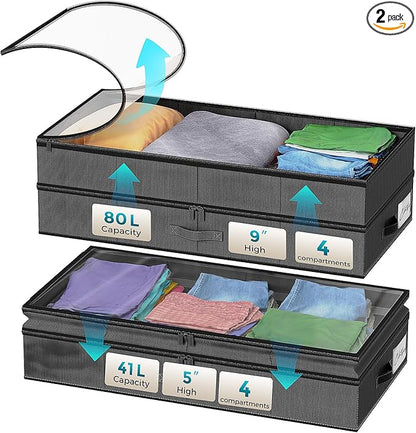 2 Pack Under Bed Storage Containers, Double Layer Underbed Storage Bins for Extensible Closed Design,Clothes Storage Bins with Sturdy Sidewalls/Bottom and PVC Clear Window for Shoes Storage Organizer