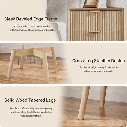FavourLife Fluted Nightstand, Night Stand Set 2, Modern Nightstands Set of 2 with Beveled Edge & Solid Wood Legs, 2 Drawer End Table with Charging Station, Wooden Bedside Table for Bedroom,Natural Oak