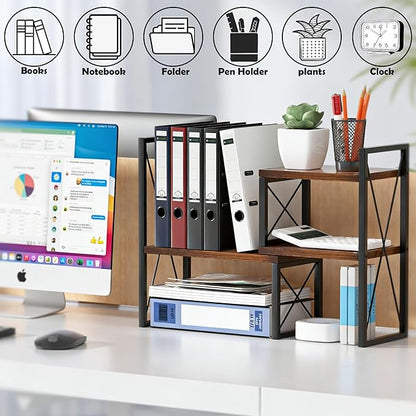 Desktop Shelf Organizer,Small Bookshelf for Office,Wood Desk Top Shelves, Office Organization and Storage (Brown)
