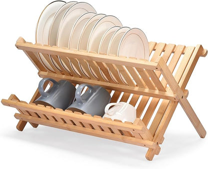 Vdomus Bamboo Dish Drying Rack - Foldable Dish Rack for Kitchen - Collapsible & Compact Wooden Plate Holder - Eco-Friendly & Functional Wood Dryer Rack for Plates - Space-Saving Storage Organizer