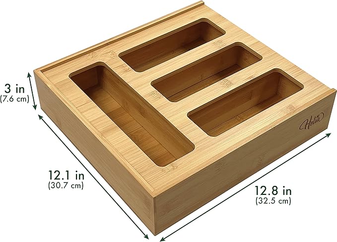 HELIA Bamboo Zip Storage Bag Organizer for Kitchen Drawer and Wall Mount | Solid Bamboo Food Storage Bag Holder | Plastic Bag Organizer for Sandwich and Snack Storage
