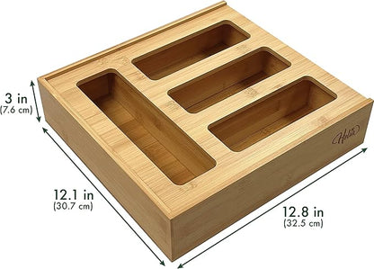 HELIA Bamboo Zip Storage Bag Organizer for Kitchen Drawer and Wall Mount | Solid Bamboo Food Storage Bag Holder | Plastic Bag Organizer for Sandwich and Snack Storage
