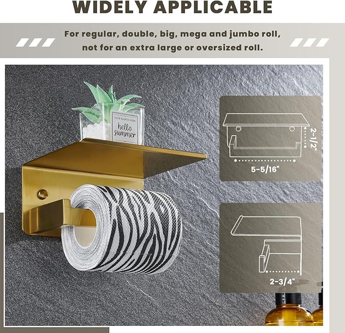Toilet Paper Holder with Shelf, Suyar 304 Stainless Steel Wall Mount Toilet Paper Roll Holder with Phone Shelf, Brushed Gold
