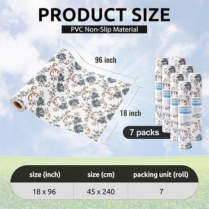 FIFTY FEET 18X96 Inch Shelf Liner for Kitchen Cabinets, PVC Drawer Liner for Dresser Non-Slip Bathroom, Non-Adhesive Cabinet Liner Washable (Black Floral)(7 Roll)