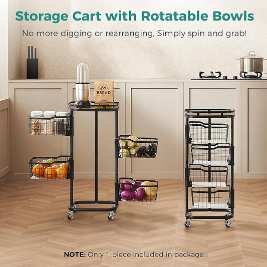 4 Tier Kitchen Fruit Vegetable Storage Cart with One-Piece Rotating Basket, Pantry Organizer Shelf Rack Floor Stand for Veggie Onion Potato Produce Spice, Rolling Snack Cart on Wheels, Black