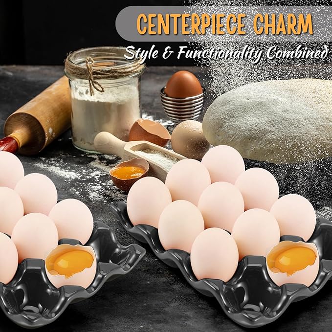 Flexzion 12 Cups Ceramic Egg Holder for Fridge - Dozen Ceramic Egg Tray Porcelain Container Storage Organizer Decorative Serving Stand Serveware for Refrigerator Countertop Display (Black, 2 Pack)