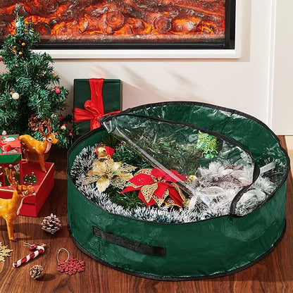 4 Pcs Christmas Wreath Storage Bag, Christmas Garland Storage Container with Clear Window, Zipper & Handle for Xmas Holiday Seasonal Wreath Garland Box(Green,24")