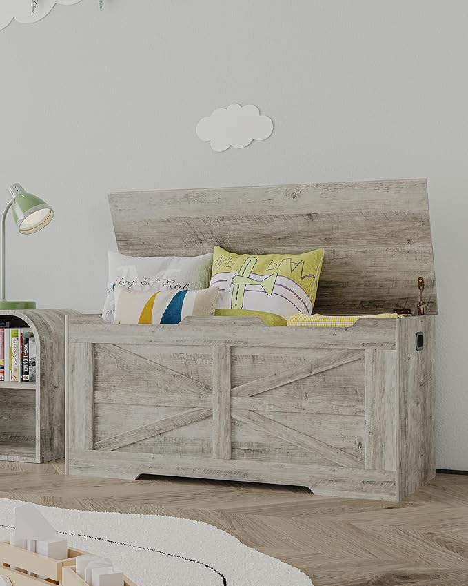 39.4" Storage Chest, Extra Large Storage Trunk with 2 Hinges, Wooden Box Bench, Lift-Top Organizer Chest, Shoe Bench for Entryway, Bedroom, Living Room, Greige SB03405X