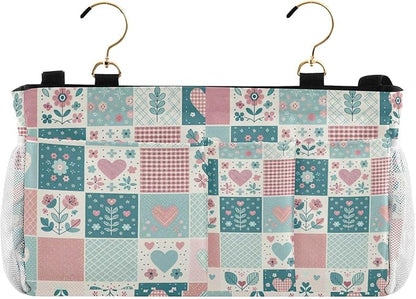 Jihqo Bedside Caddy Hanging Storage Bag Gingham Floral Bedside Organizer Caddy for Bunk, Dorm Room, Hospital Beds - Place Magazines / Remotes / Keys