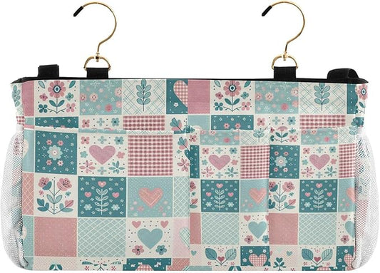 Jihqo Bedside Caddy Hanging Storage Bag Gingham Floral Bedside Organizer Caddy for Bunk, Dorm Room, Hospital Beds - Place Magazines / Remotes / Keys