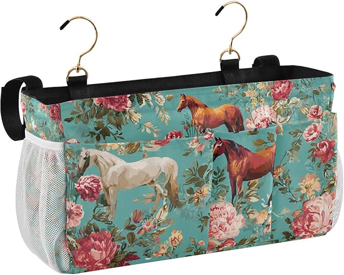 CuwrYet Bedside Caddy Hanging Bunk Bed Caddy Bed Organizer Hanging Pocket with 2 Hooks Bedside Storage Organizer Pocket Bag Holder Teal Horses and Red Roses