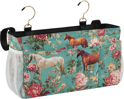 CuwrYet Bedside Caddy Hanging Bunk Bed Caddy Bed Organizer Hanging Pocket with 2 Hooks Bedside Storage Organizer Pocket Bag Holder Teal Horses and Red Roses