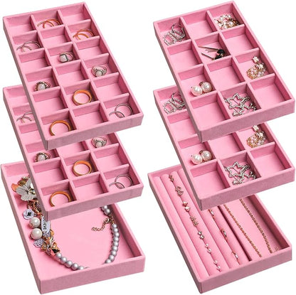 Frebeauty Jewelry Organizer Tray,Stackable Velvet Jewelry Trays,Drawer Inserts Earring Organizer For Women Jewelry Storage Display Case for Rings Stud Necklaces,Set of 6(Pink)