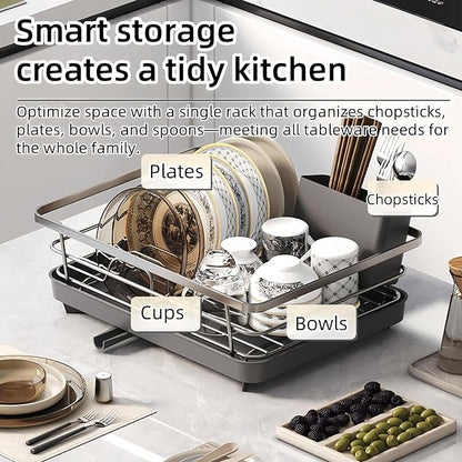 Kitchen Dish Drying Rack Self-Draining Adjustable 360° Rotating Drain Pipe Stainless Steel Large Capacity Tidy Countertop Easy Clean Home Kitchen Organization Family Use (White Chopstick Holder)