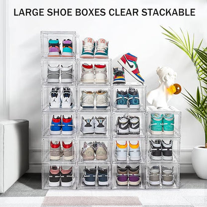 SAISTORY 6 Pack Shoe Boxes Clear Stackable, Large Shoe Storage Boxes, Space Saving Acrylic Shoe Boxes, Foldable Shoe Container Boxes that Fits Up to Size 14 Shoes (10 Pack Transparent)