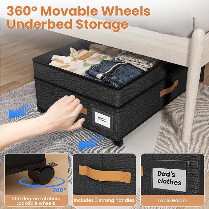 Mqaue Under Bed Storage with Wheels, 72L XXL Under the Bed Storage Containers Large, 10‘’ Tall Adjustable Storage for Underbed with Lids, Rolling for Shoes, Clothes, Blankets, Black