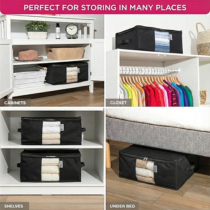 Cedar Storage Bag Organizer for Bedding Set - Protects from Moths, Moisture, Dirt & Dust - Set of 3 Storage Bags for Bed Sheets, Comforter, Pillows & More - Space-Saving Bedding Organizer, Black