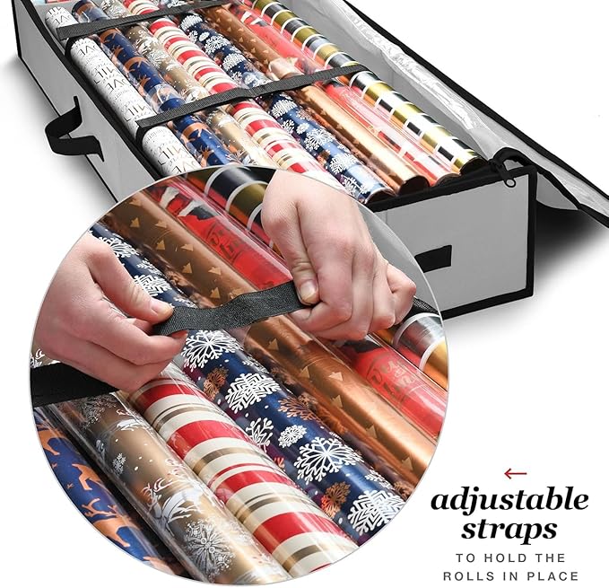 Gift Wrap Organizer, Christmas Wrapping Paper Storage Bag w/Useful Pockets for Xmas Accessories, Fits Upto 24 Rolls, Underbed Storage for Holiday Decorations, Large Capacity Storage Box