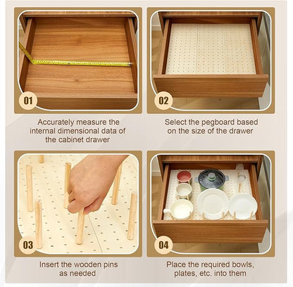 Kigley 3 Pcs Wood Pegboard Drawer Organizer with 32 Pegs Wooden Peg Board Drawer Shelf Organizer Adjustable Peg System for Dishes Plate Pot Container Cookware Utensil Kitchen(17 x 5.91 in)