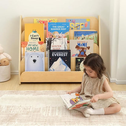 OOOK Kids Bookshelf, Wooden 4-Tier Front Facing Book Display Shelf for Kids, Toddler Montessori Bookshelf for Classroom, Playroom, Nursery