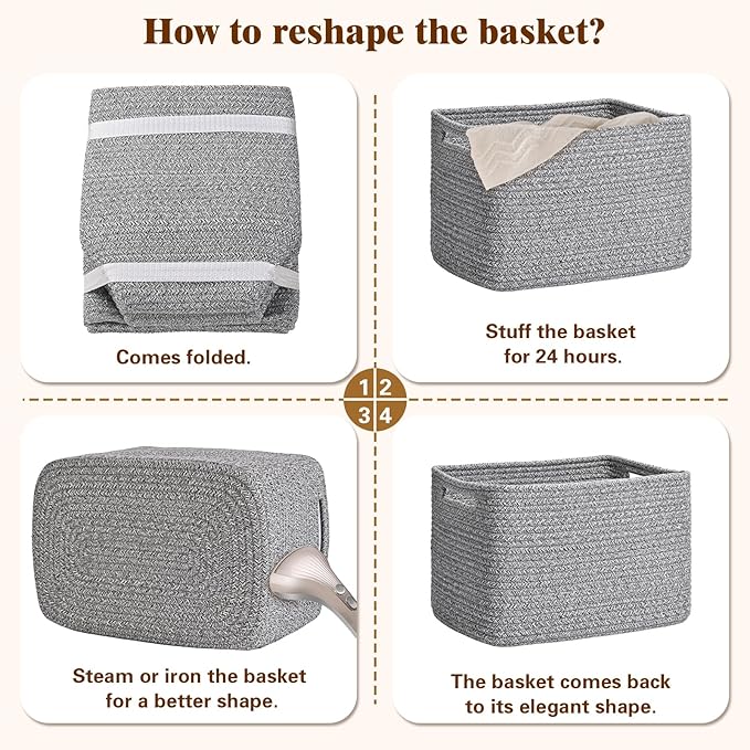 Storage Baskets for Organizing, 4 Pack Storage Baskets for Shelves, Woven Basket for Shelves, Closet Organization, Rectangle Organizer Basket Gifts Empty, 13"Lx8.7"Wx7.9"H Decorative Bins with Handles