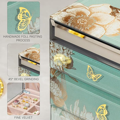 Homruilink High End Glass Jewelry Box - 3 Layer Jewelry Organizer - Velvet-Lined Case For Ring, Necklace, Earring, Bracelet Storage - Green Floral and Bird - Christmas Gifts For Women