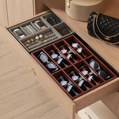 Cretkhp Sunglass Organizer Tray, PU Leather Sunglasses Organizer with 8 Grids for Drawer, Stackable Sunglass Holder Storage