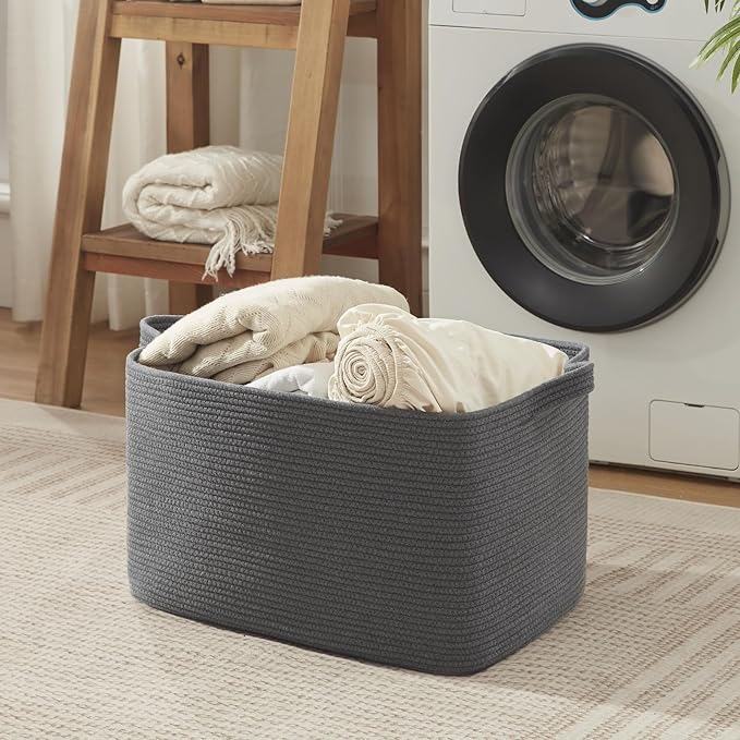 95L Large Blanket Basket, Blanket Storage Living Room, Rectangle Woven Baskets for Storage Toys, Towels, Dirty Clothes Organizer Bins (Dark Grey)