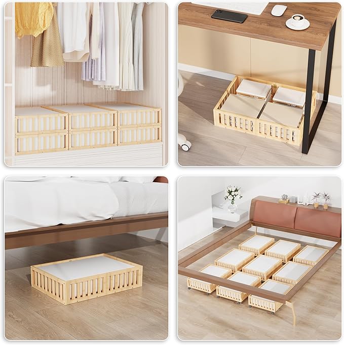 Bamboo Under Bed Storage with Wheels Rolling Underbed Shoe Organizer Box for Shoes, Blankets, Toys, Clothes Container Space-Saving Organizer Bins for Bedroom, Closet, Dorm, Nursery