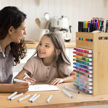 Marker Organizer for Desk - 154 Capacity Wooden Marker Holder - Ergonomic Handles - Additional Art Supply Storage Rack for 130 Alcohol Markers, Pens, and Pencils - Desktop Stand for Markers - Bamboo