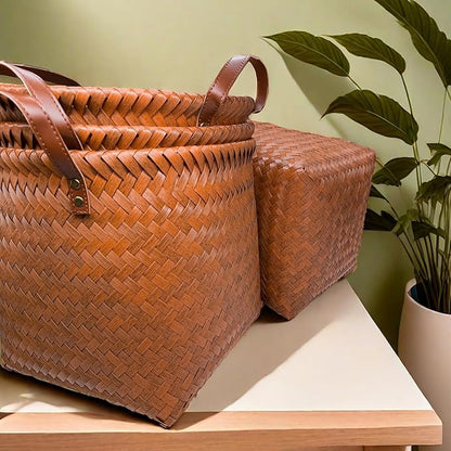 GIB Wicker Storage Baskets for Shelves, 11"x12" Round Woven Storage Cube Bins Organizer, Faux Rattan Wicker Blanket Basket for Organizing Clothes Toys Laundry Closet, 4 Pack, Brown