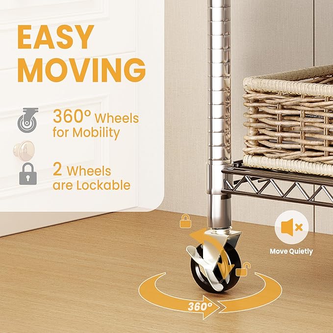 Garvee 3 Tier Clothes Rack with Wheels, Adjustable Shelves & 2 Hanging Rod, Heavy Duty Clothing Rack Closet Organizer Freestanding Wardrobe for Hanging Clothes, 75.6" H x 45.3" W x 15.8" D, Silver