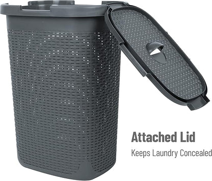 Mind Reader Slim Laundry Hamper with Lid, 60L Clothes Basket, Premium Wicker Design, Plastic, Gray