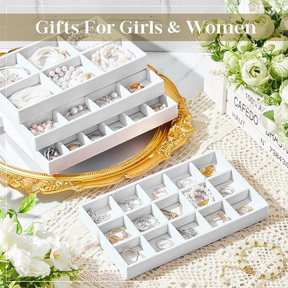 Junkin 12 Pcs Jewelry Tray Velvet Stackable Jewelry Organizer Trays Divided Earring Accessories Storage Containers Box (Rose Red)