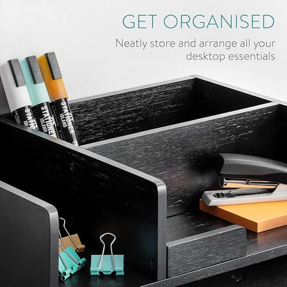 Navaris Bamboo Desk Organizer - Desktop Table Storage Drawers and Compartments for Organizing Stationery, Documents, Files, Office Accessories - Black
