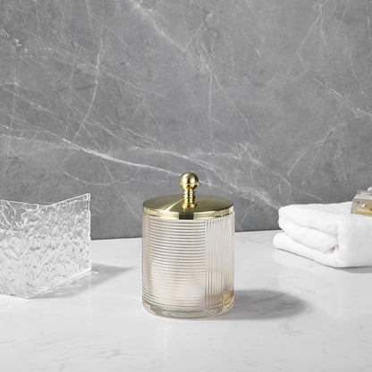Indecor Home Tan Colored Tranlucent Apothecary Ribbed Geometric Etched Glass Jar W/Gold Metal Lid Cover for Bathroom Organization, Cotton Balls, Q Tips, and Small Accessories, Bathroom Storage