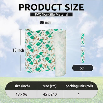 18X96 Inch Shelf Liner for Kitchen Cabinets, PVC Drawer Liner for Dresser Non-Slip Bathroom, Non-Adhesive Cabinet Liner Washable (Green Floral)(1 Roll)