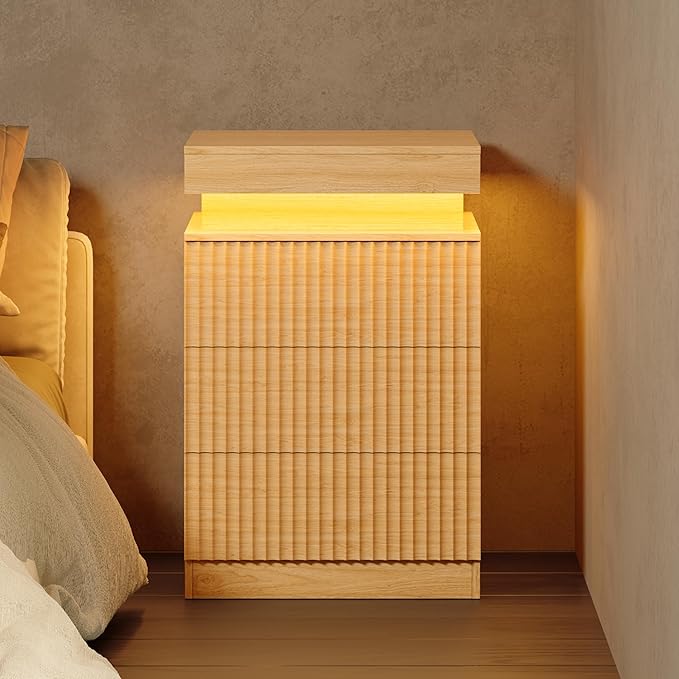 BOXACTION Nightstand Set of 2 for Bedroom, LED Nightstand with 3 Drawers and Charging Station, Mid Century Modern Fluted Nightstands, Bedside Tables & End Tables, Wood