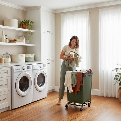 StorageWorks 160L Laundry Basket with Wheels, Large Rolling Hampers for Clothing Organizer, Dirty Clothes Basket for Hotel, Home, Closet, Dorm, Green